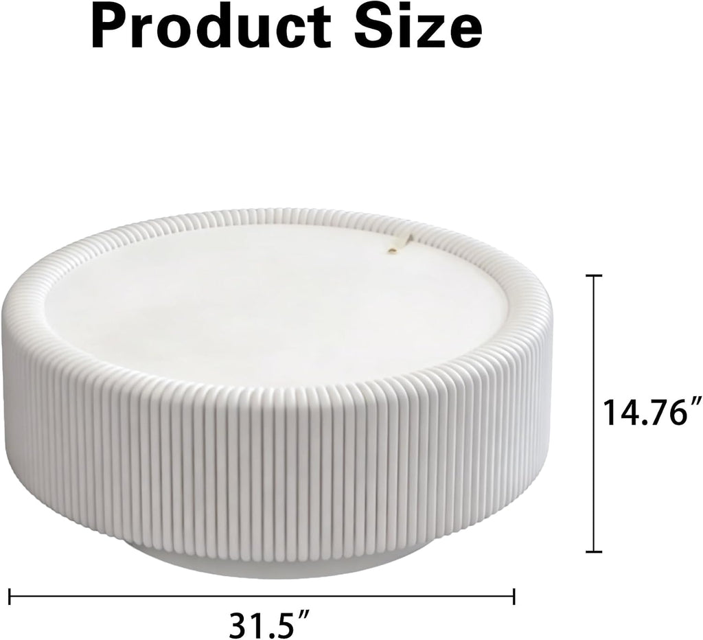 31.5'' Round Coffee Table with Storage, Modern Circle Fluted Drum Pedestal Coffee Table for Living Room, Tempered Glass Moveable Lid & PU Leather Body & Baked Enamel Leg, White
