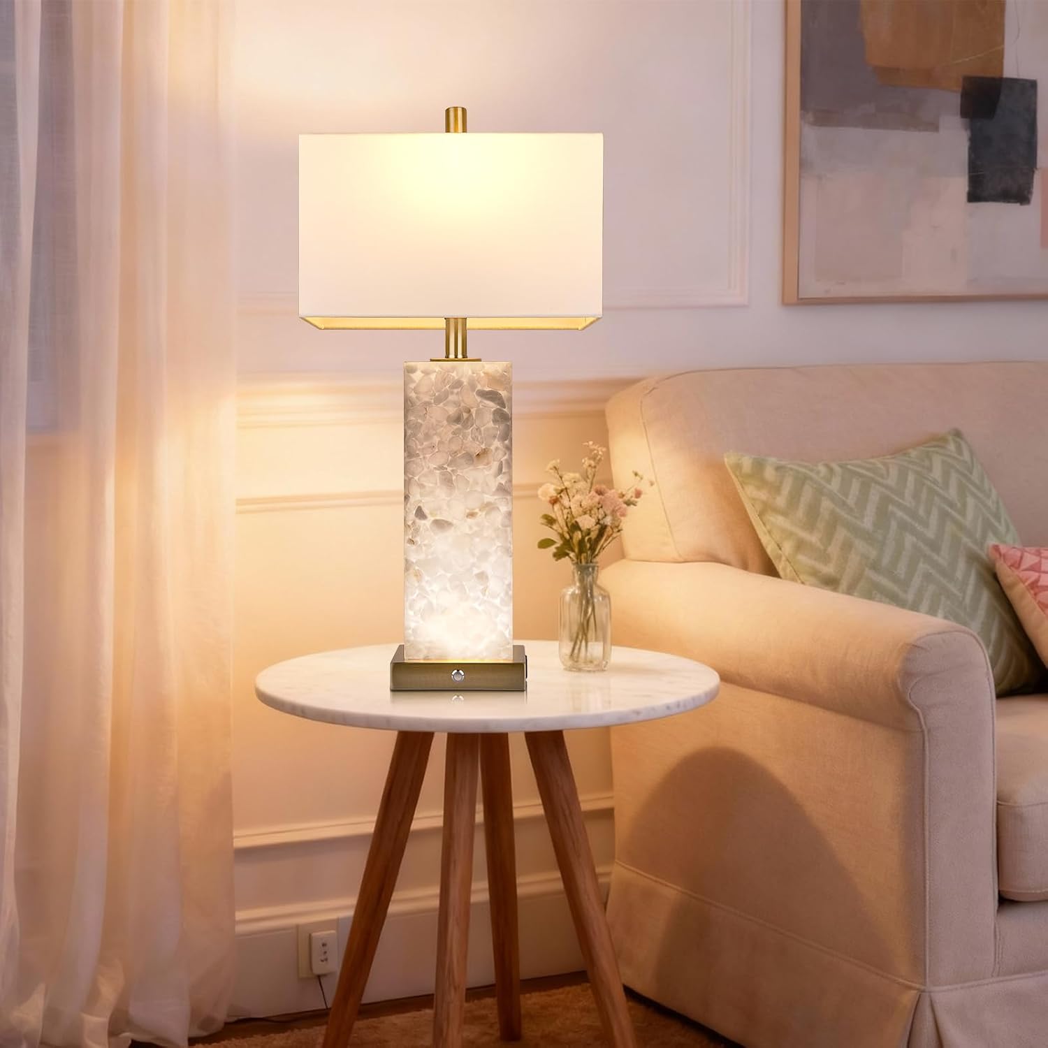 2-Pack 25.6' Alabaster Lamps, Marble Lamp Nightstand Lamps Set of 2, 3-Color Temperatures Bedside Lamps with Nightlight, Modern Table Lamp with USB Ports for Living Room Bedroom Hotel, Bulbs Included