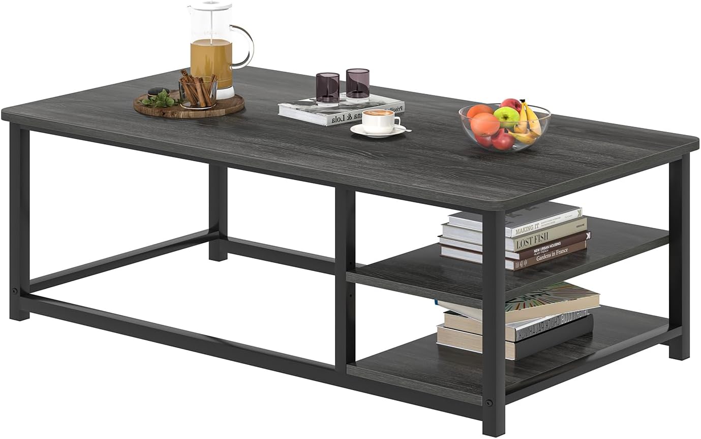 EXCEFUR Coffee Table, Rustic Wood and Metal Living Room Table with Adjustable Storage Shelf, Dark Grey, 47 Inch