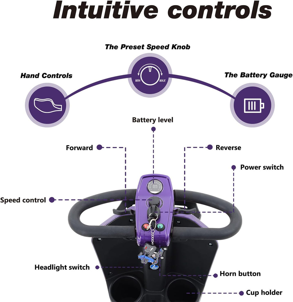 Mobility Scooters for Seniors & Adults 400 Lb Weight All Terrain,Foldable Portable Heavy Duty 4 Wheel Powered Scooter,Disability Electric Wheelchair,2 Water Cup Holders USB Charging,15Miles,Purple