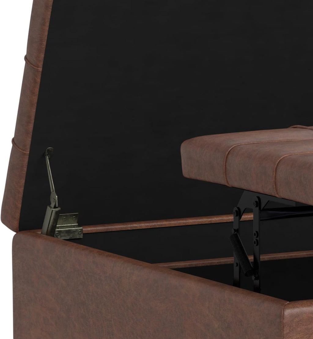 SIMPLIHOME Harrison Large Coffee Table Storage Ottoman - 40 inch Wide Upholstered Vegan Leather Square Lift-Top Ottoman in Distressed Saddle Brown, Transitional Bench for Living Room with Sturdy Base