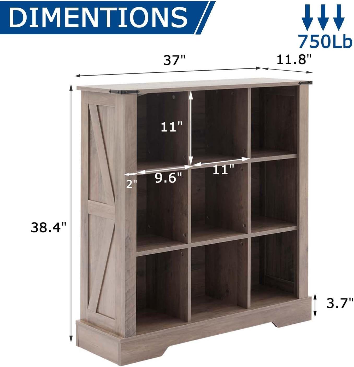 9 Cube Storage Organizer, 3 Tier Book Shelf with Led Lights, Farmhouse Book Shelves for Living Room, Horizontal Toy Storage Bookshelf, Wood Display Bookcase Cabinet for Bedroom, Office, Grey
