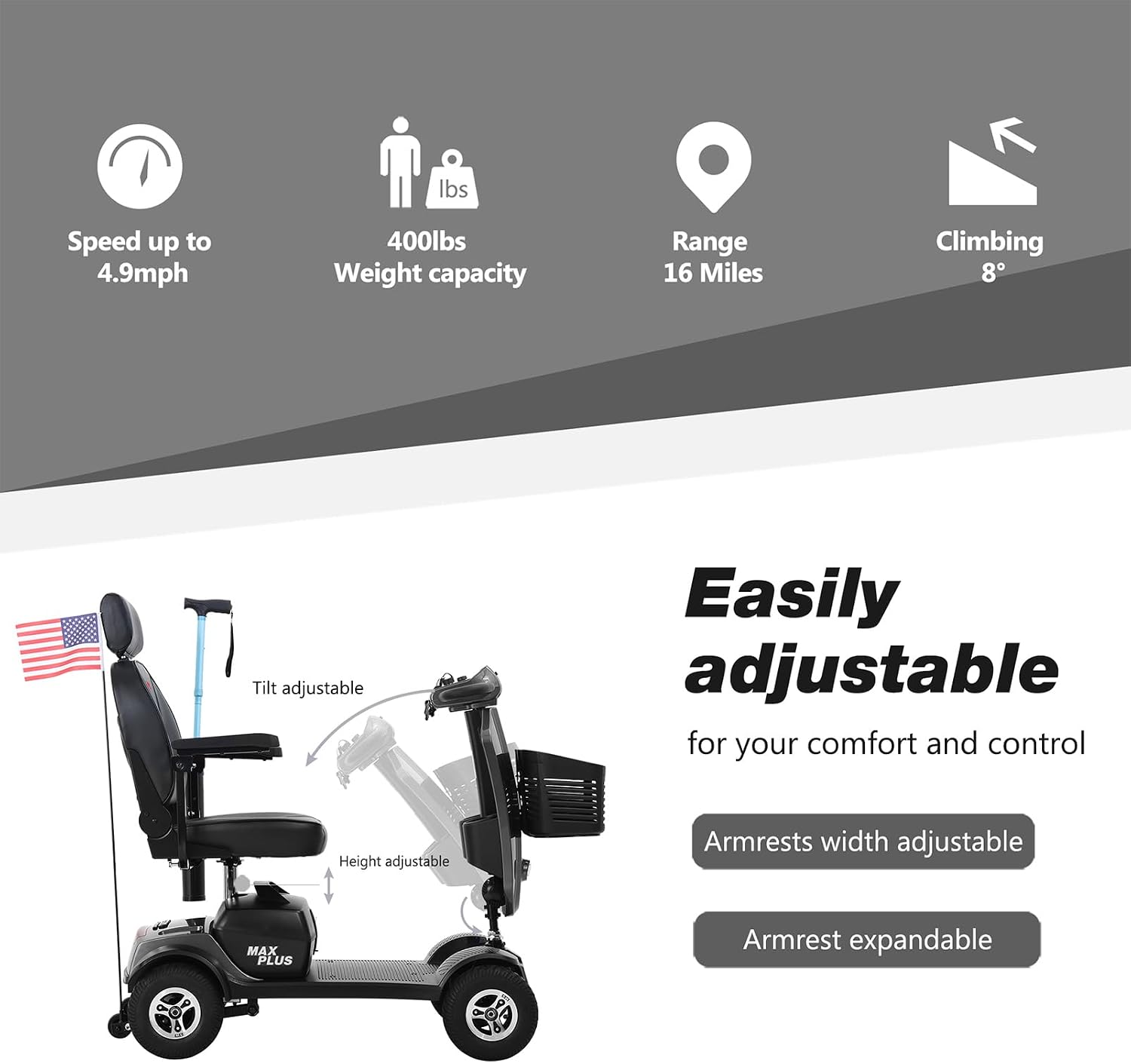 Mobility Scooters for Seniors & Adults 400 Lb Weight Foldable,All-Terrain Heavy Duty 4 Wheel Powered Scooter,Portable Disability Mobile Electric Wheelchair with Comfort Seat,15Miles,5MPH,Black