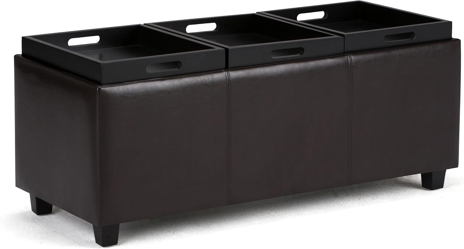 SIMPLIHOME Avalon Storage Ottoman - 42 inch Wide Upholstered Vegan Leather Rectangular Flip-Top Ottoman in Tanners Brown, Contemporary Coffee Table Ottoman for Living Room with Hidden Storage