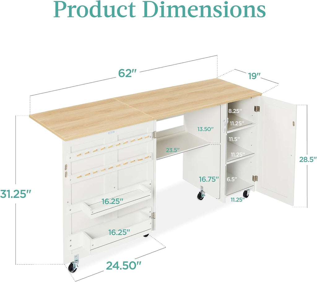 Best Choice Products Large Folding Sewing Table, Multipurpose Portable Craft Station & Side Desk w/Compact Design, Caster Wheels, Storage Shelves, 2 Storage Trays, Magnetic Doors - Natural/White