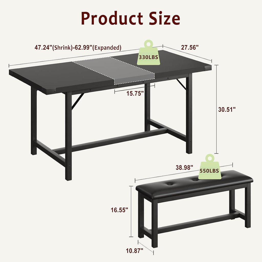IDEALHOUSE 3 Piece Dining Table Set for 4-6, 63' Extendable Thick Metal Frame Kitchen Table with 2 Upholstered Benches Set for 6, Rectangle Wooden Dinette Table Set for Dining, Apartment, Retro Black