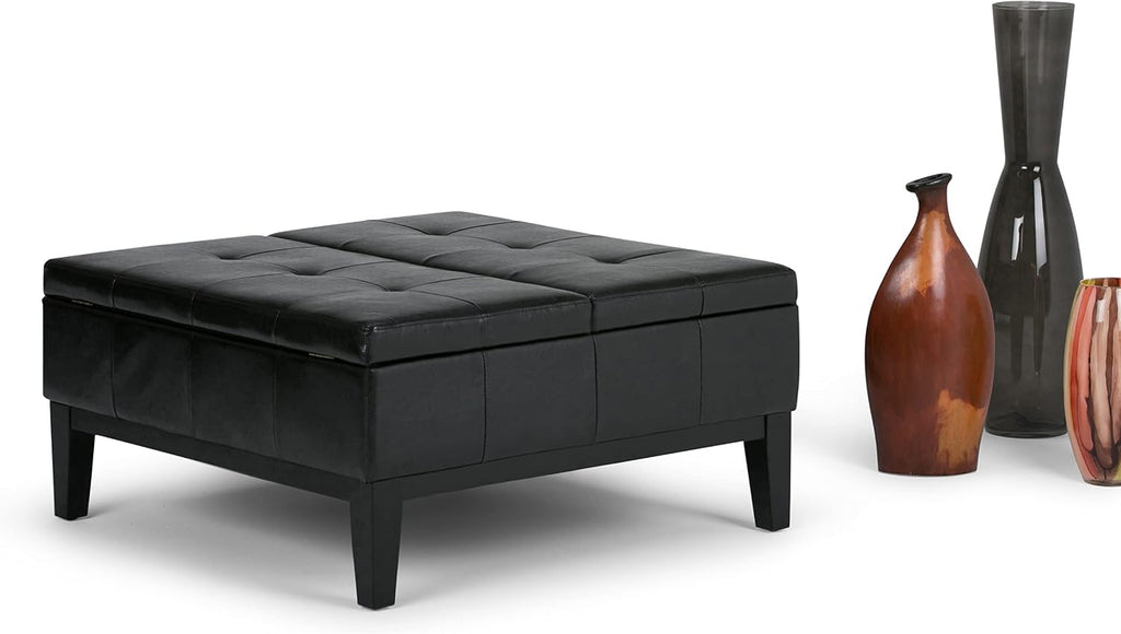 SIMPLIHOME Dover 36 inch Wide Contemporary Square Coffee Table Storage Ottoman in Midnight Black Vegan Faux Leather, Assembled, For the Living Room and Bedroom