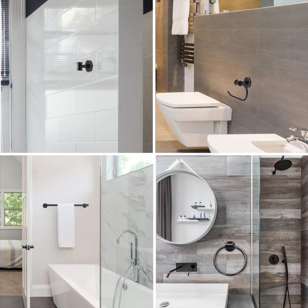 Globe Electric 51523 5-Piece All-in-One Bathroom Set, Oil Rubbed Bronze, 3-Light Vanity Light & Bulbs, Glass Shades, Towel Bar, Toilet Paper Holder, Towel Ring, Robe Hook, Bathroom Lights Over Mirror