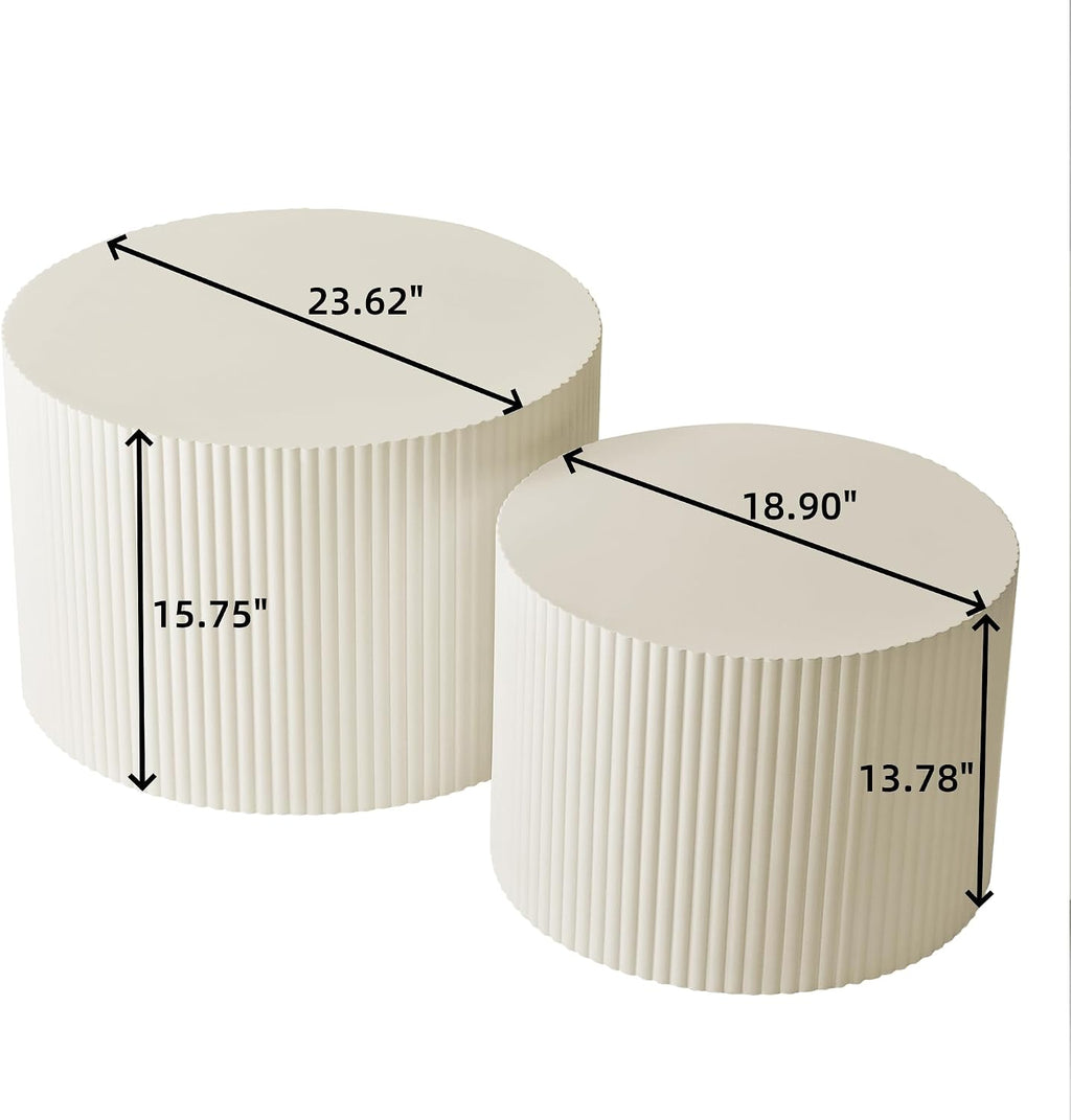 Nesting Coffee Table Set of 2, Modern Drum Side End Wave Stripe Round Coffee Table for Living Room, Bedroom, Beige