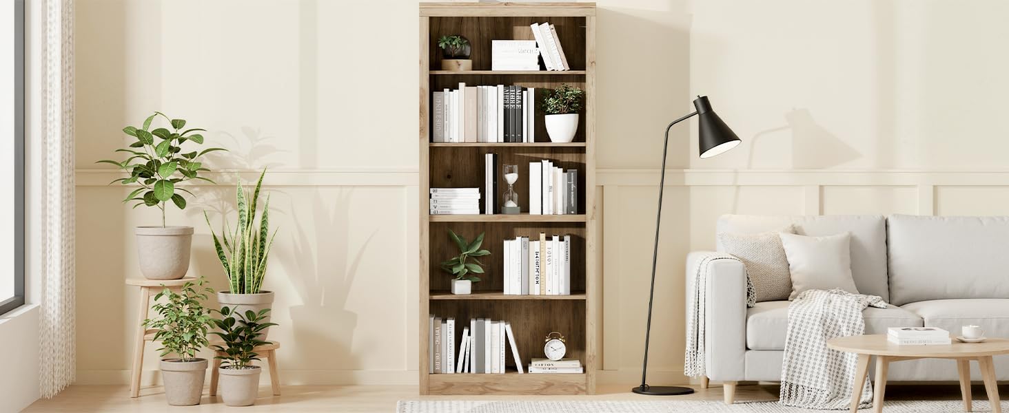 Garvee 71 in Tall Bookshelf, 5-Tiers Bookcase and Bookshelf, Wooden Open Storage Shelves with Anti-Tip Design, White Book Shelf for Bedroom, Living Room and Office, Brown