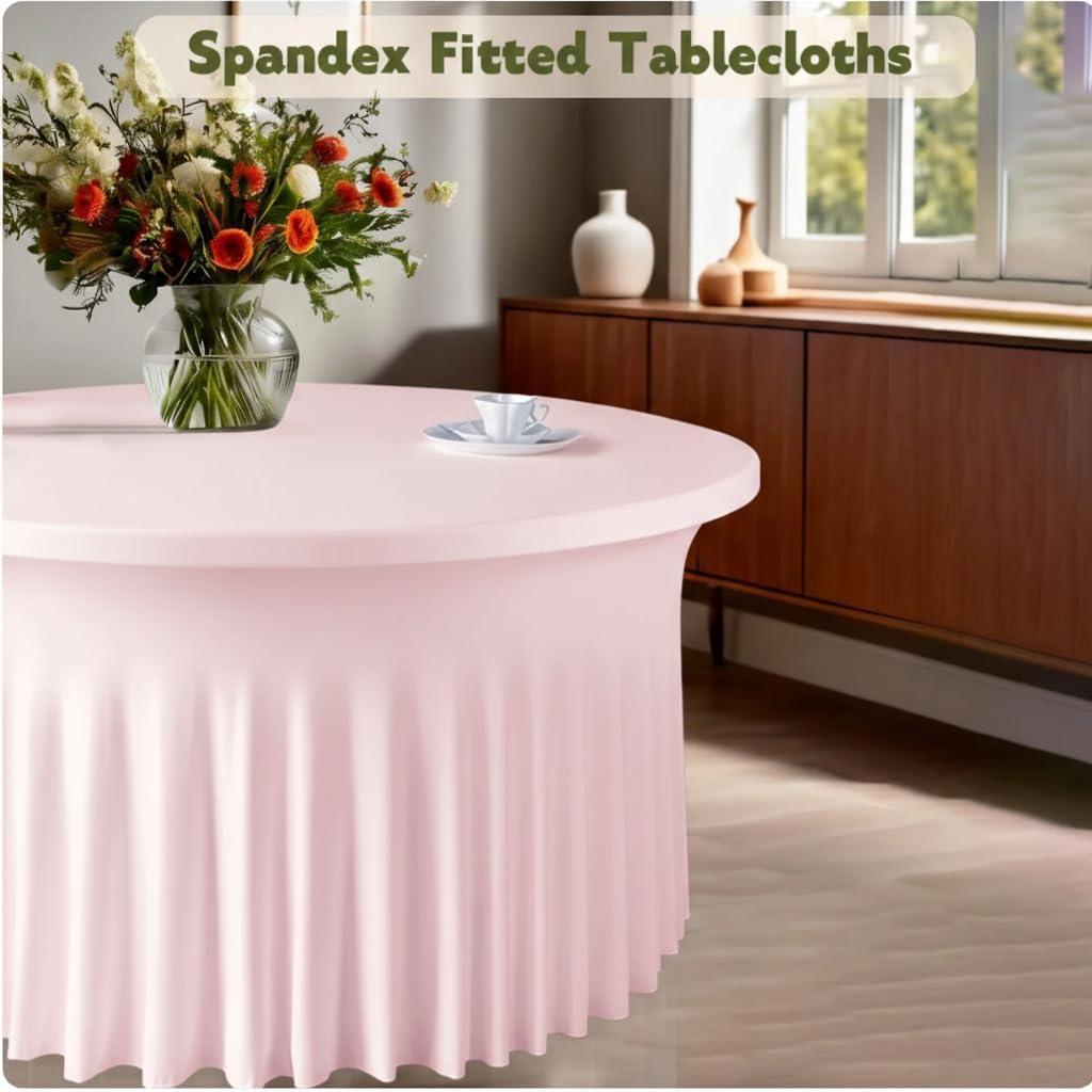 WJWHQ 10 Pack Pink Round Spandex Tablecloths for 60in Tables, 120Inch Stretchy Fitted 5FT Round Table Clothes,Wrinkle Free Table Cover with Skirt for Wedding Party Dining Banquet