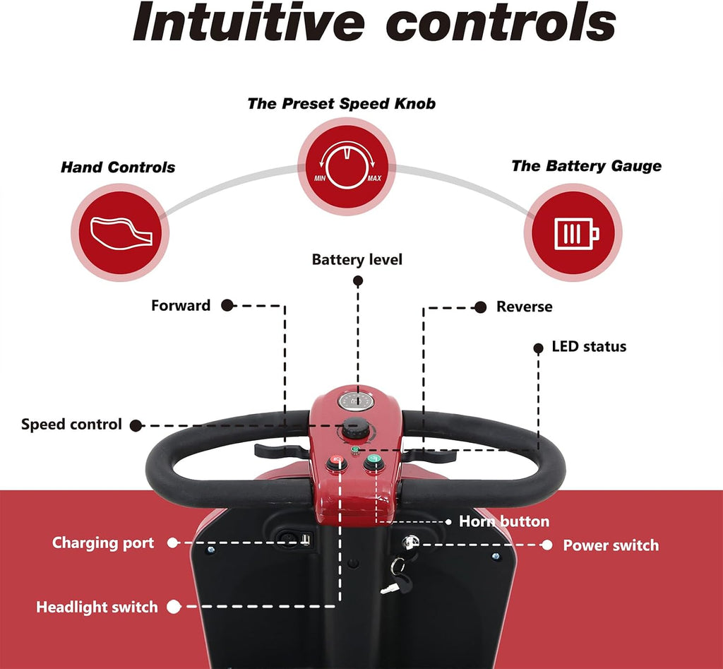 Mobility Scooters for Seniors & Adults 400 Lb Weight All Terrain,Heavy Duty 4-Wheel Powered Scooter,Foldable Mobile Disability Electric Wheelchair,Luxury Seat and Front Rear Led Lights,red