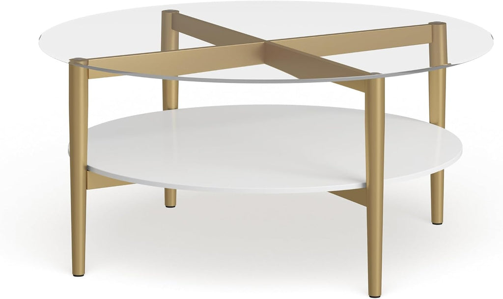 Otto 36'' Wide Round Coffee Table with MDF Shelf in Brass/White Lacquer