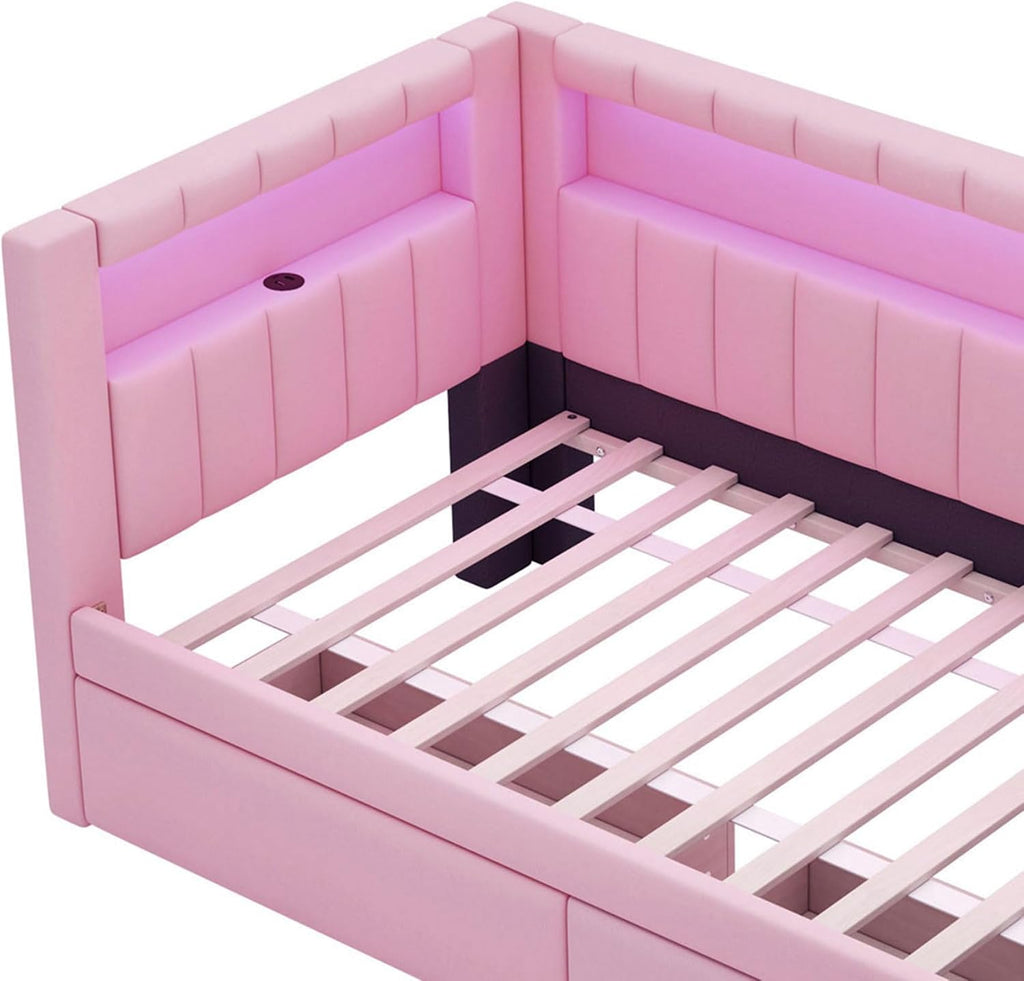 Twin Size Upholstered Daybed with Storage Drawers and LED, USB-Ports, L-Shaped Corner Unit Sofa Day Bed Frame with Storage Bookshelf, Girls, Kids, Adults, Boys, Pink
