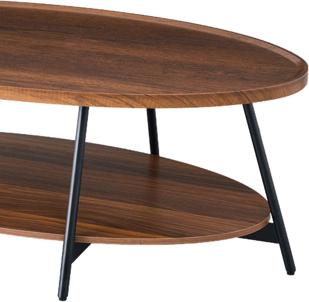 AGV Oval Coffee Table with Shelf Storage, 2-Tier Walnut Wood Finish Center Table for Living Room, Modern Asymmetrical Metal Legs, Raised Edge Sofa Table