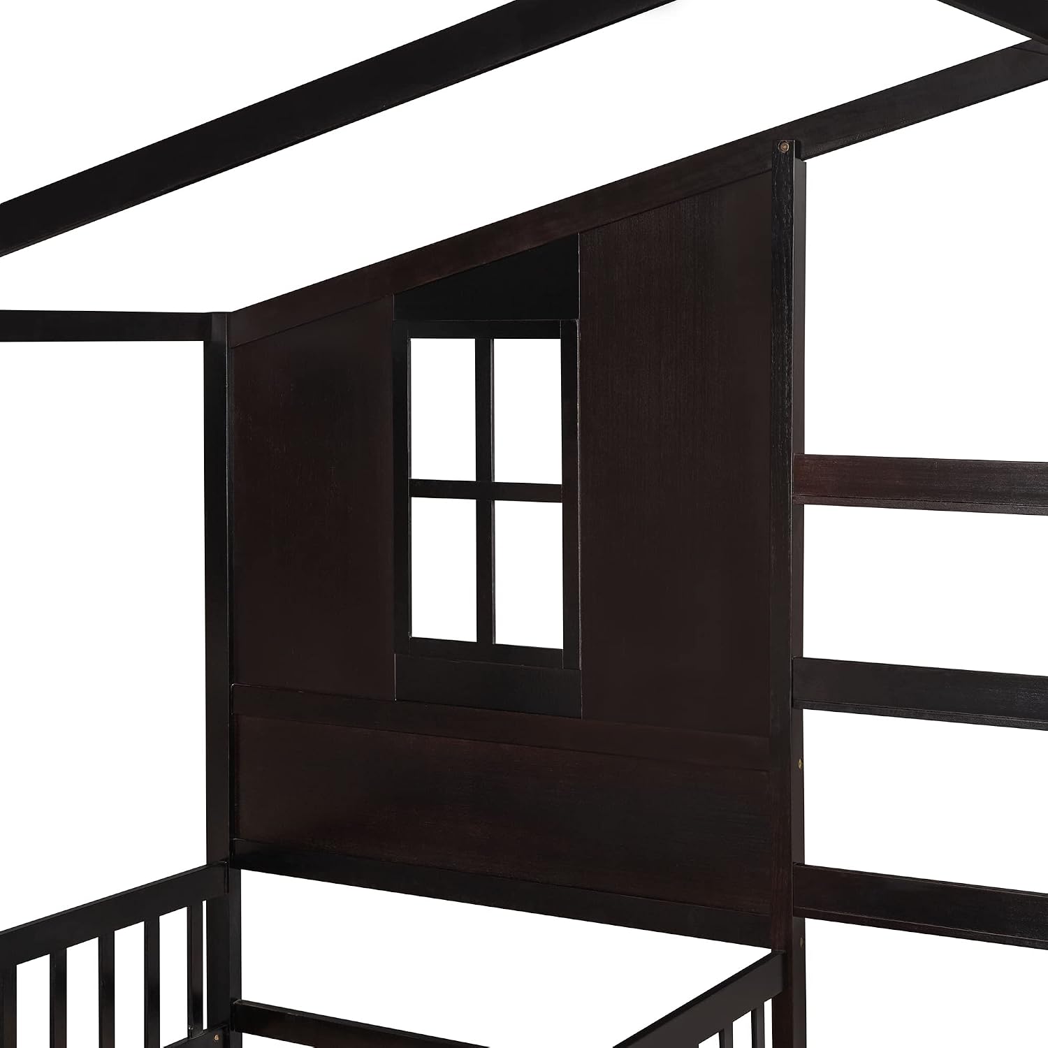 CITYLIGHT Wood L Shaped House Bed Frame, Twin Size Montessori Corner Bed with Roof, Window & Fence, Modern House Shaped Bed for 2 Kids, Espresso