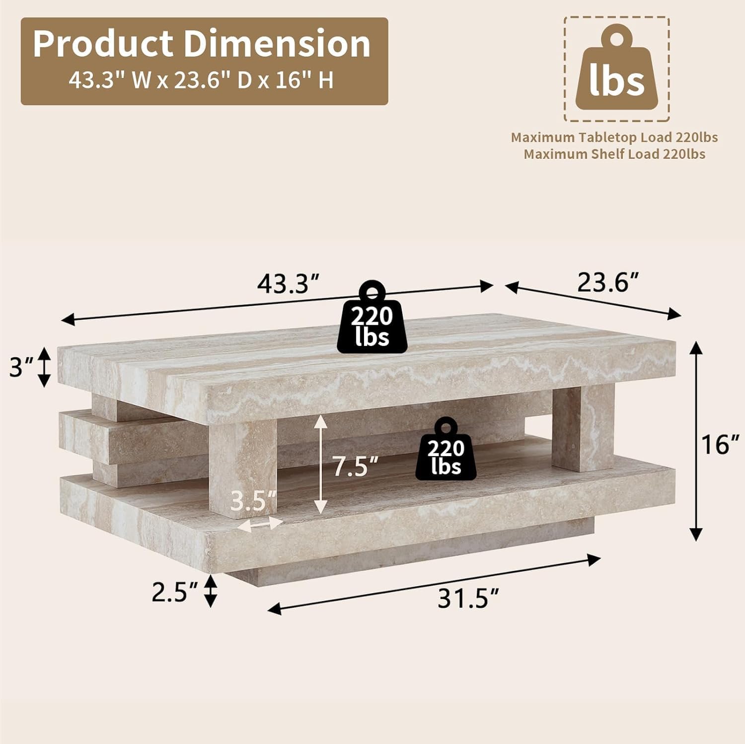 LKTART 43.3' Coffee Table, 2-Tier Stone Travertine Pattern Center Table with Open Storage, Mid Century Rectangular Wood Tea Table for Living Room, Bedroom, Office