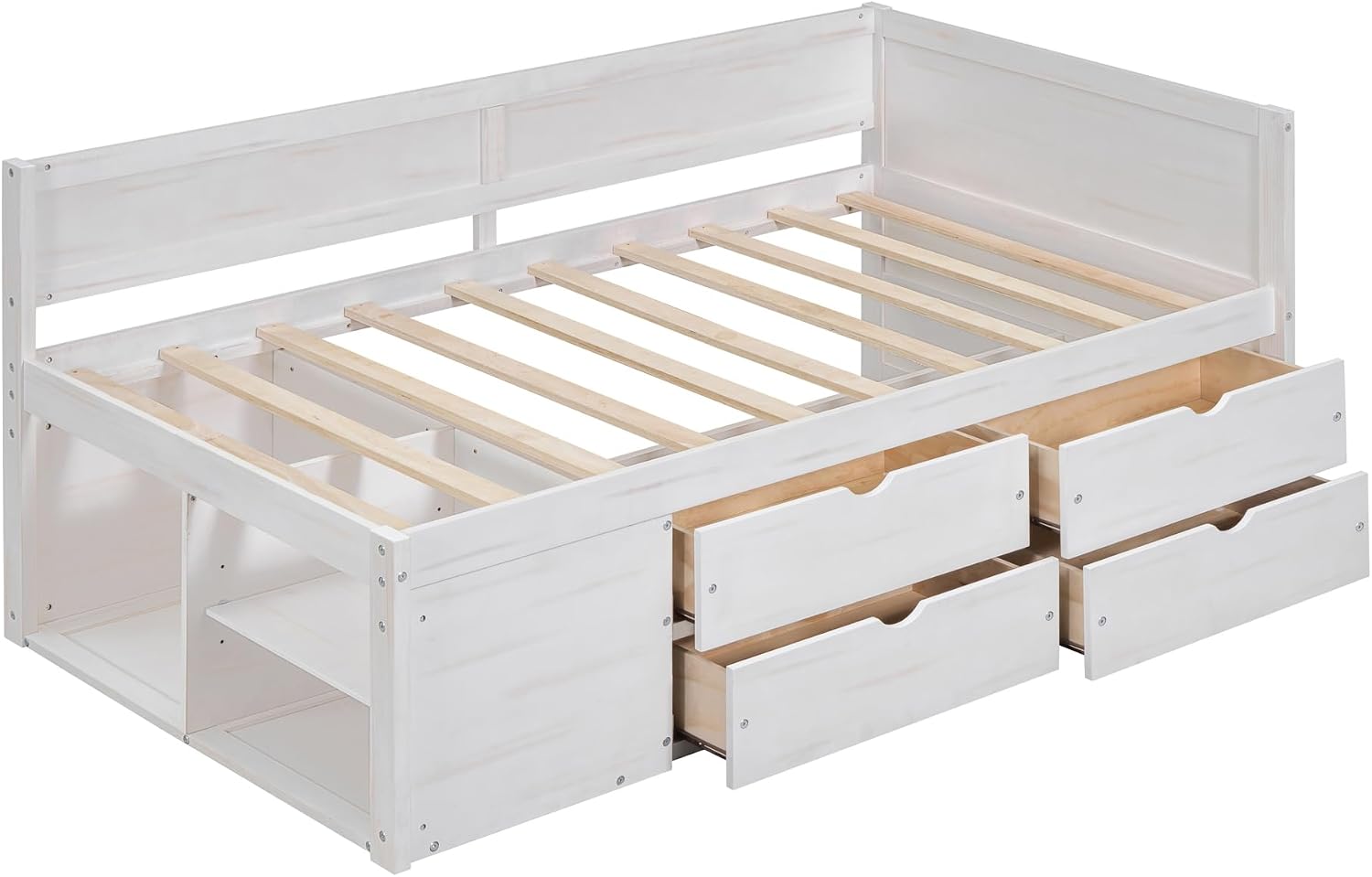 Twin Size White Daybed with Storage Drawers and Shelves,Wooden L-Shaped Corner Day Bed with Headboard & Bookcase for Boys,Girls,Small Room, Guest Room, kids'Room