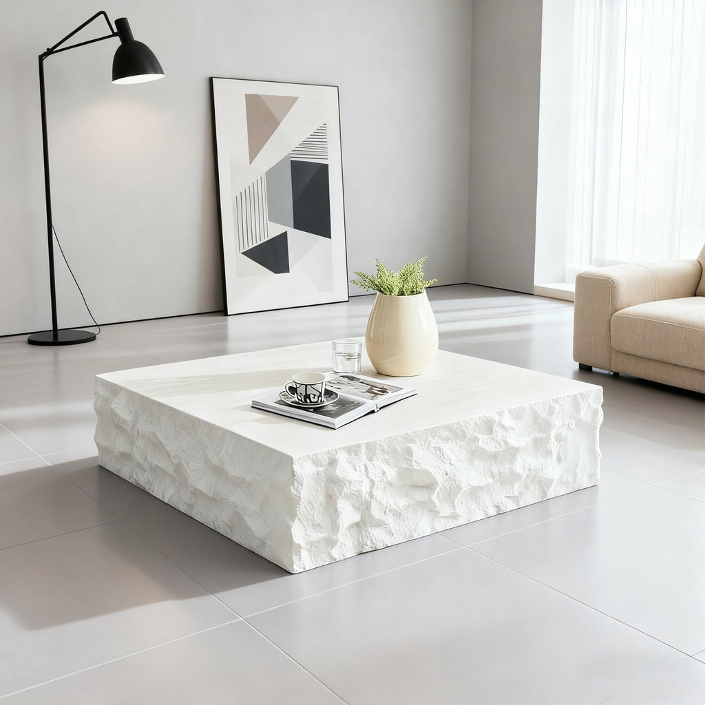 35.43'' Modern Square Coffee Tables for Living Room, Faux Marble Stone Minimalist Side Table, Fiberglass Center Table Accent End Table for Apartment,Office,No Need Assembly,Beige