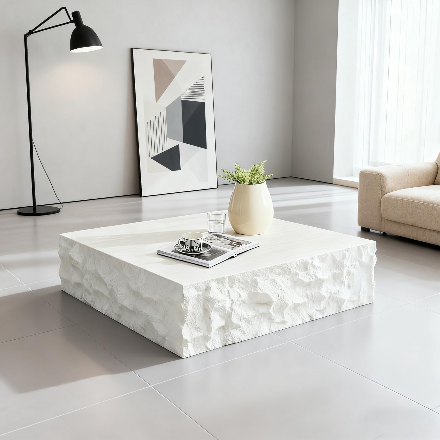 35.43'' Modern Square Coffee Tables for Living Room, Faux Marble Stone Minimalist Side Table, Fiberglass Center Table Accent End Table for Apartment,Office,No Need Assembly,Beige