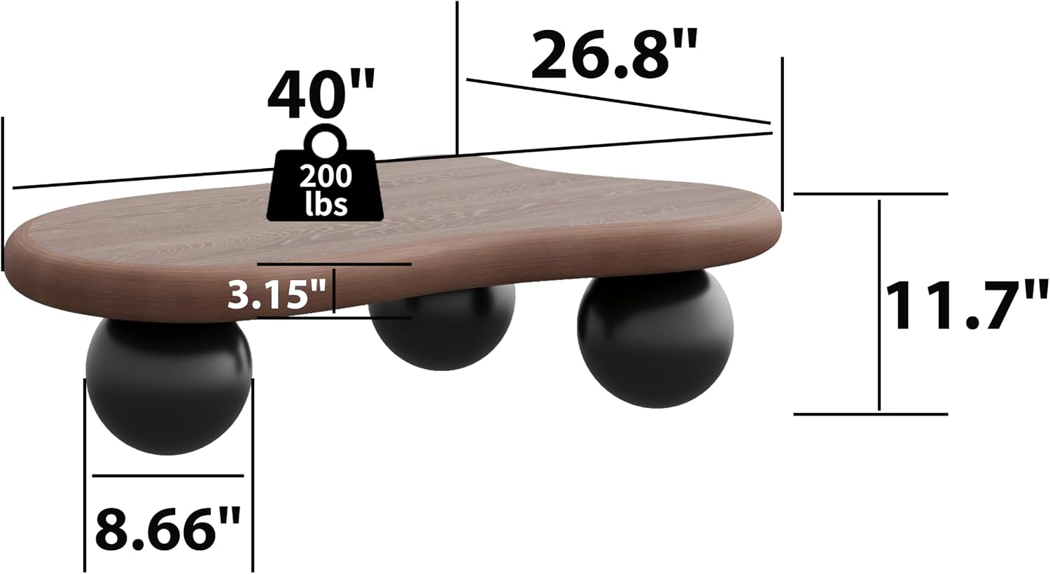 40' Cloud Coffee Table for Living Room Irregular Coffee Table Modern Low Coffee Tables Cute Small Center Table with 3 Ball Legs for Small Space Apartment Walnut & Black