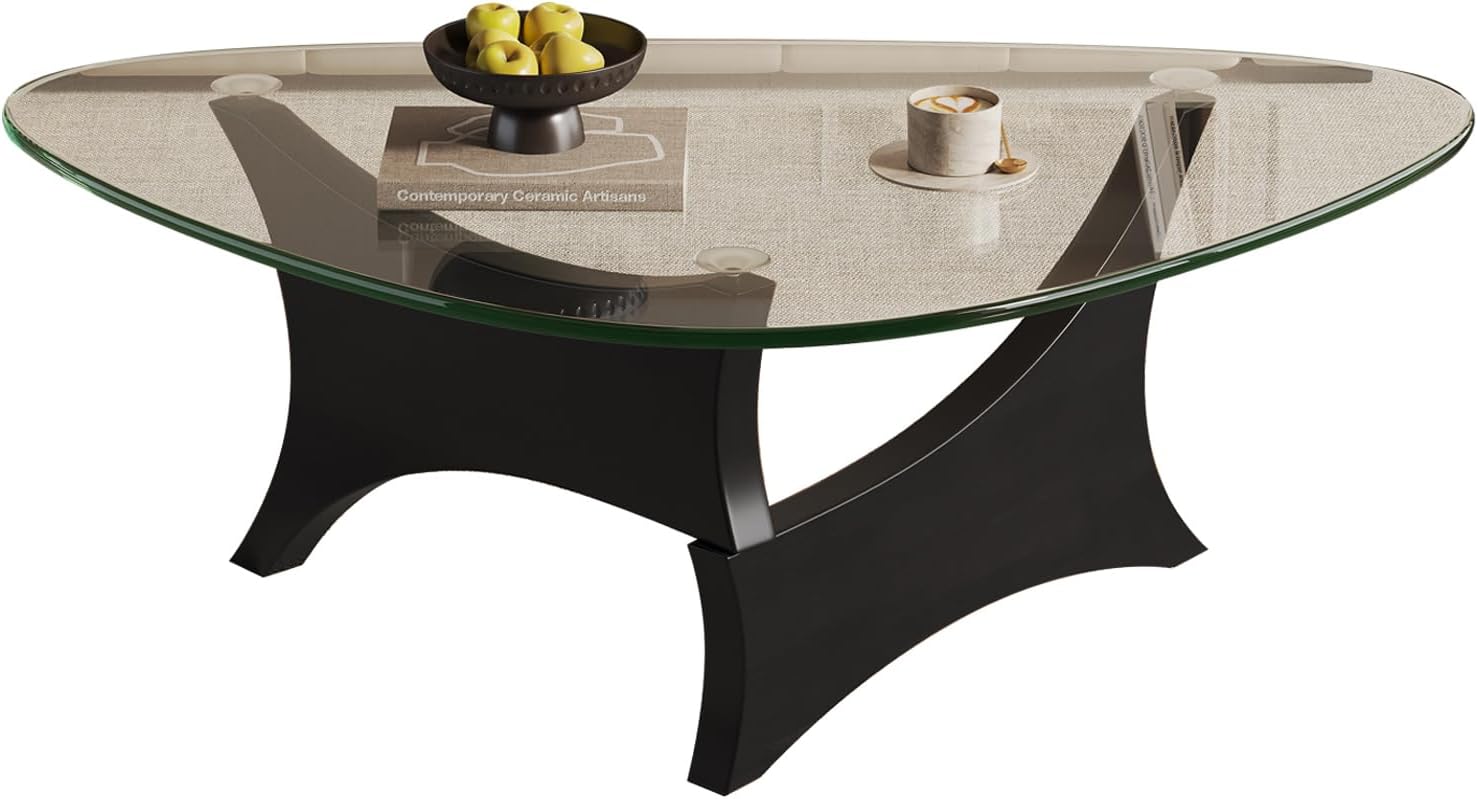Glass Coffee Table Mid-Century Modern Coffee Table for Living Room Center Table Suitable for Bedroom Living Room Reception Office Tables（Black/Transparent，Large）