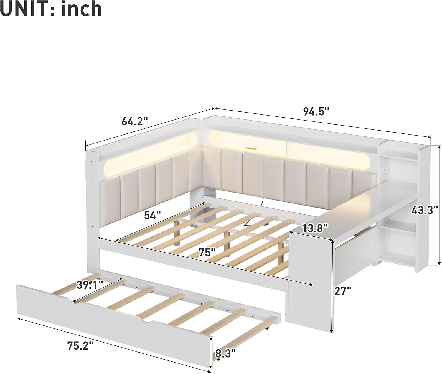 SOFTSEA Full Size Corner Bed with Desk and Trundle, Wood L-Shaped Day Bed with LED Lights, USB Ports & Upholstered Headboard, Full Corner Daybed for Kids Teens Adults, White