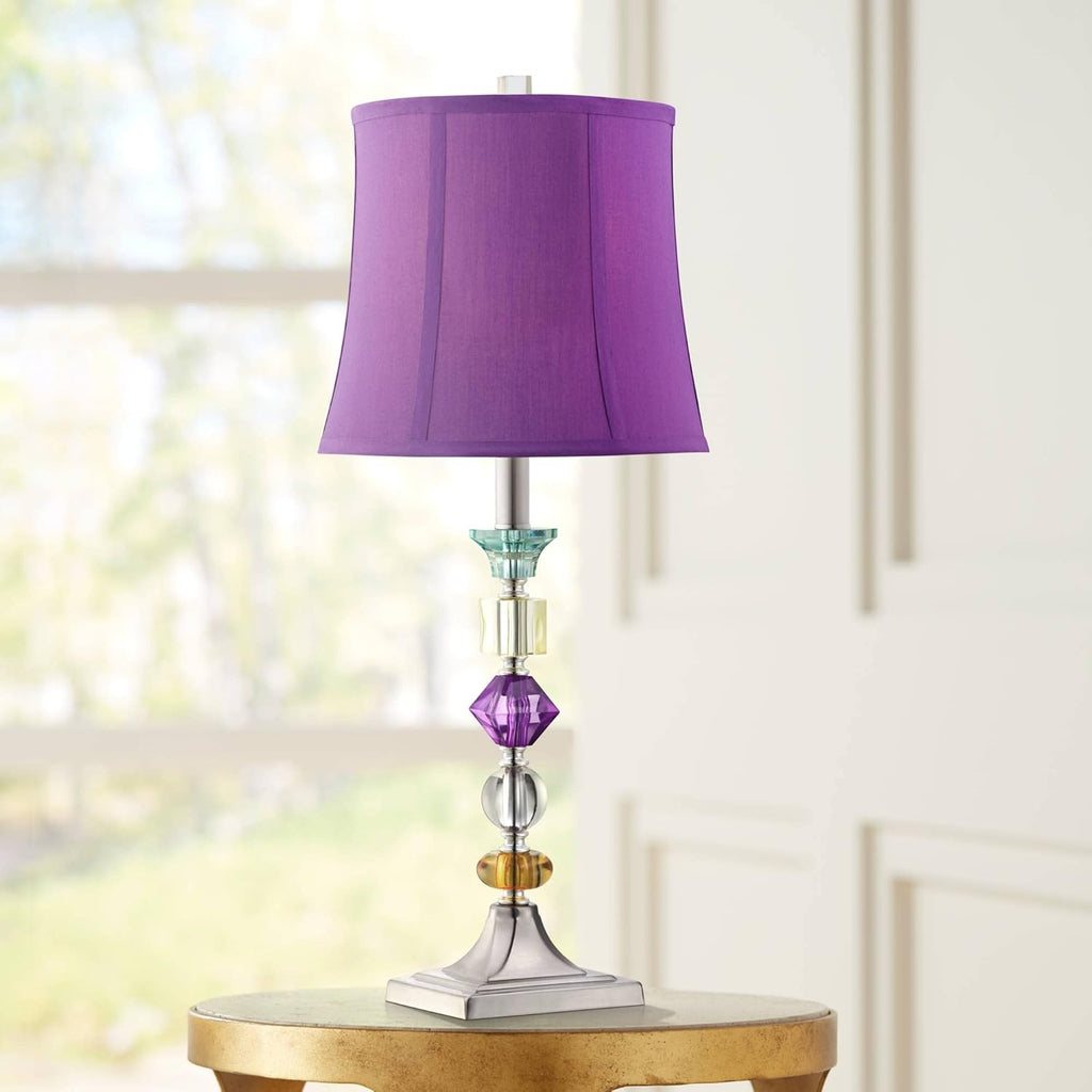 360 Lighting Bijoux Modern Chic Bohemian Table Lamps 25.5' High Set of 2 Brushed Nickel Multi Colored Stacked Acrylic Gem Purple Drum Shade for Kids Girls Room Bedroom Bedside House Home