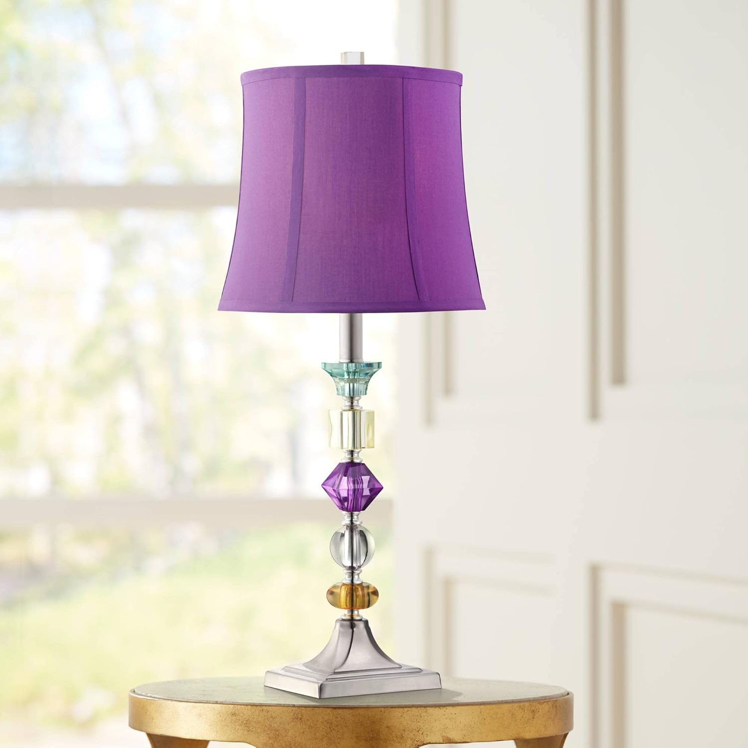 360 Lighting Bijoux Modern Chic Bohemian Table Lamps 25.5' High Set of 2 Brushed Nickel Multi Colored Stacked Acrylic Gem Purple Drum Shade for Kids Girls Room Bedroom Bedside House Home