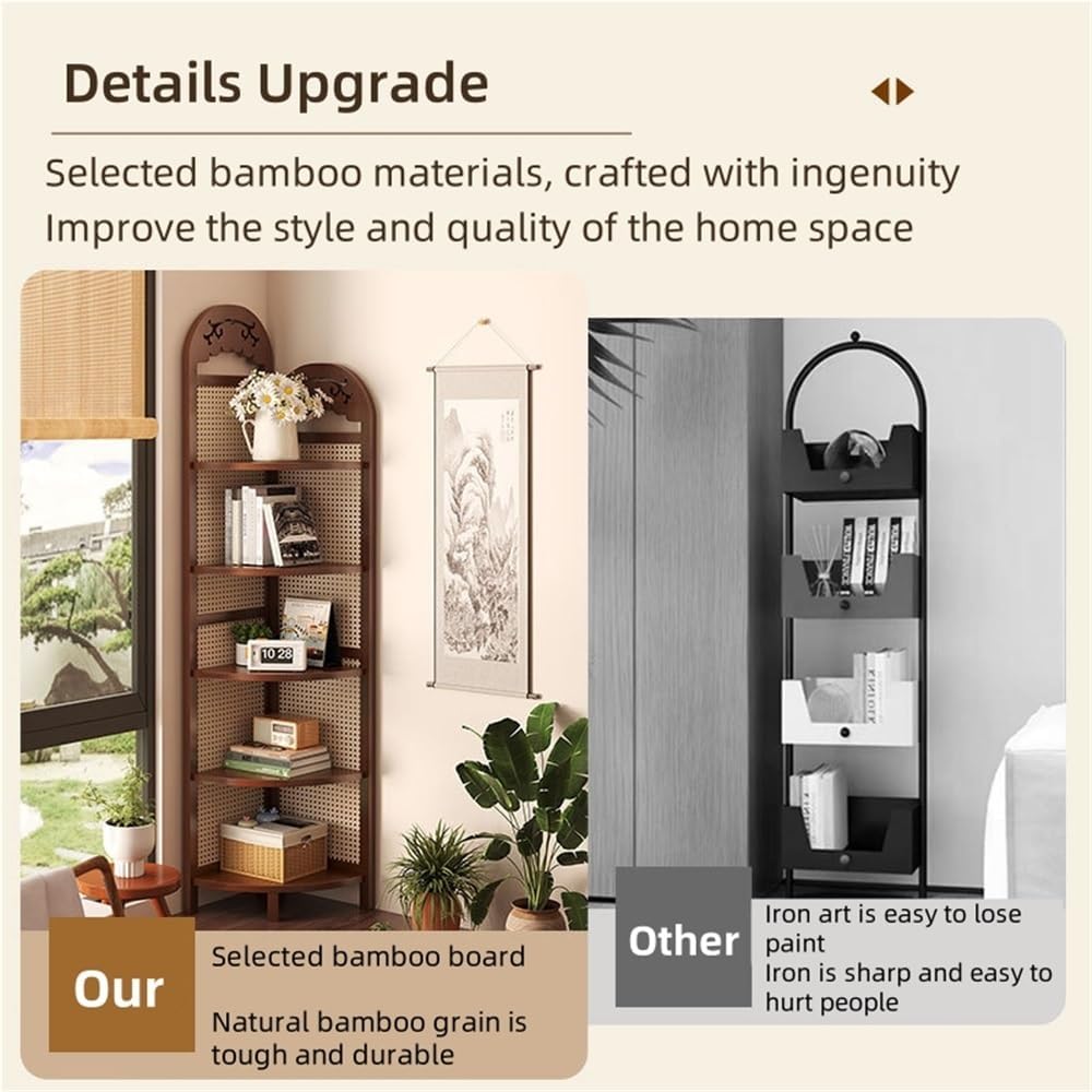 5-Tier Corner Bookshelf, Boho Corner Shelf Stand, Free Standing Rattan Storage Shelves, Tall Standing Shelf Organizer, Bookshelf, Plant Stand for Living Room Bedroom Study Kitchen(Brown)