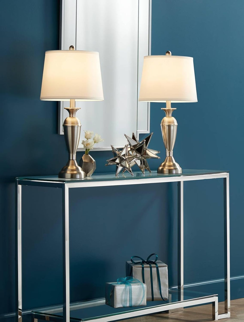 Regency Hill Blair Traditional 3-Way Table Lamps 25' Tall Set of 2 with Dimmers Brushed Nickel Metal Candlestick White Fabric Drum Shade for Bedroom Living Room House Bedside