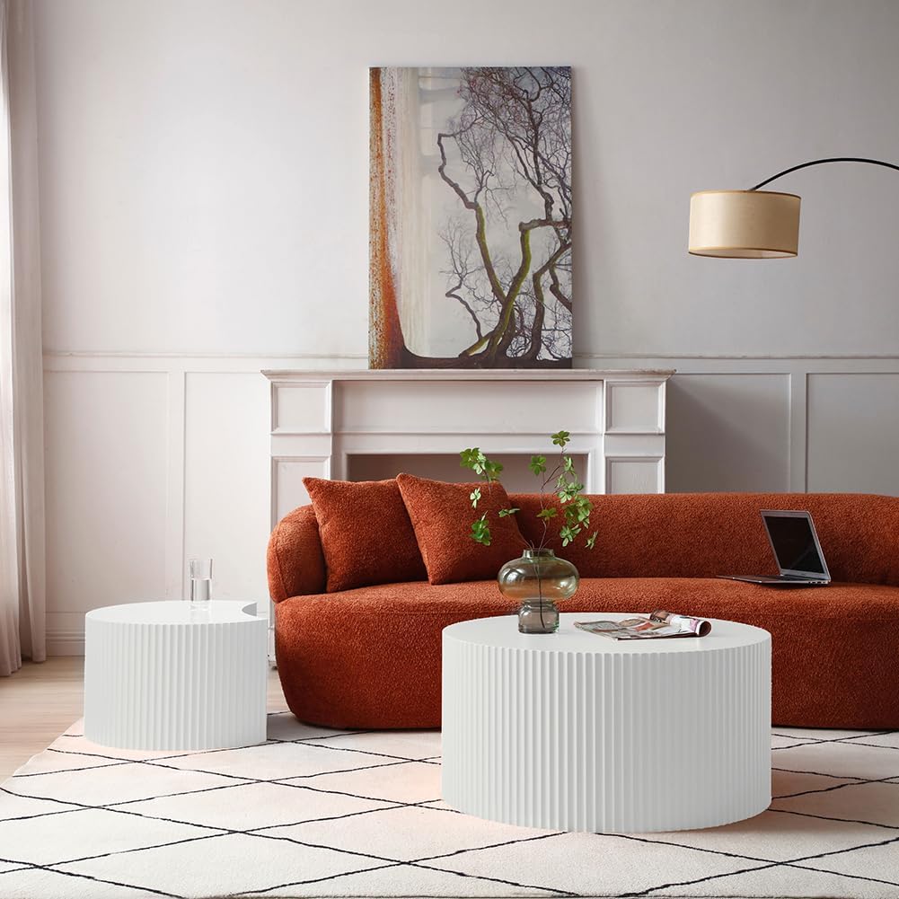 JUSTONE White Round Coffee Table Set of 2,Modern Luxury Nesting Coffee Table for Living Room,Wood Circle Drum Coffee Table for Small Spaces No Assembling (Matte White)