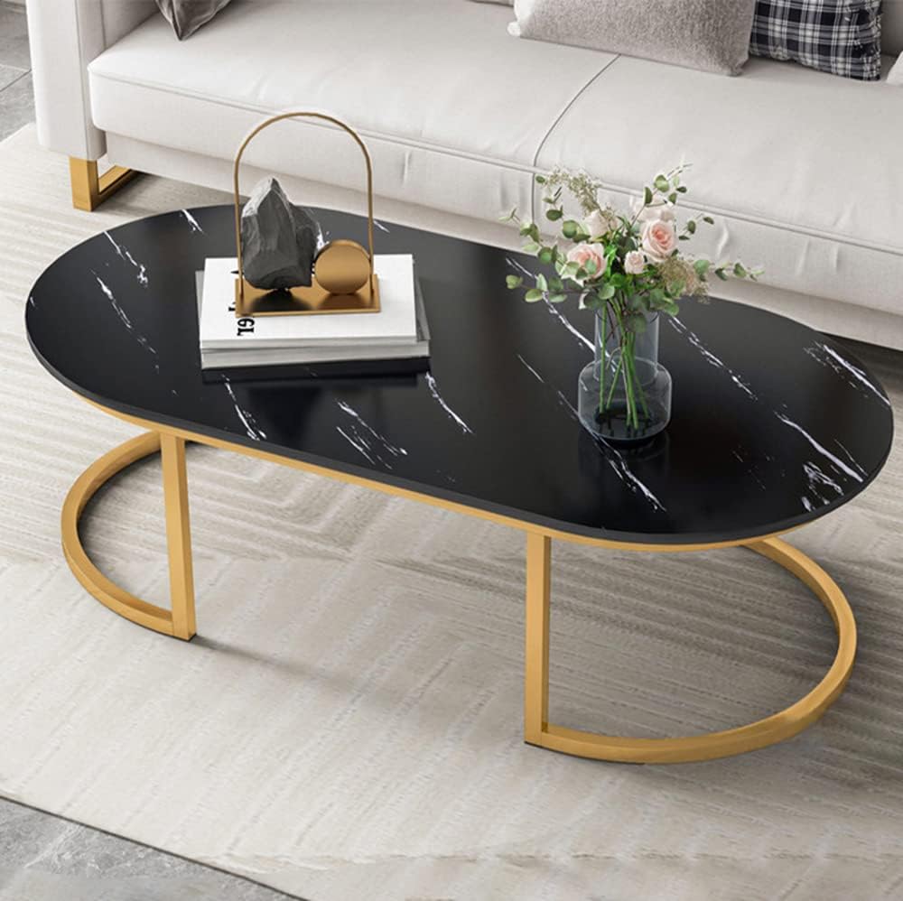 LITFAD Modern Oval Faux Marble Coffee Table with Gold Metal Frame Living Room Table with Shelf Cocktail Table - Shelves Not Included 18' H x 47' L x 24' W Black