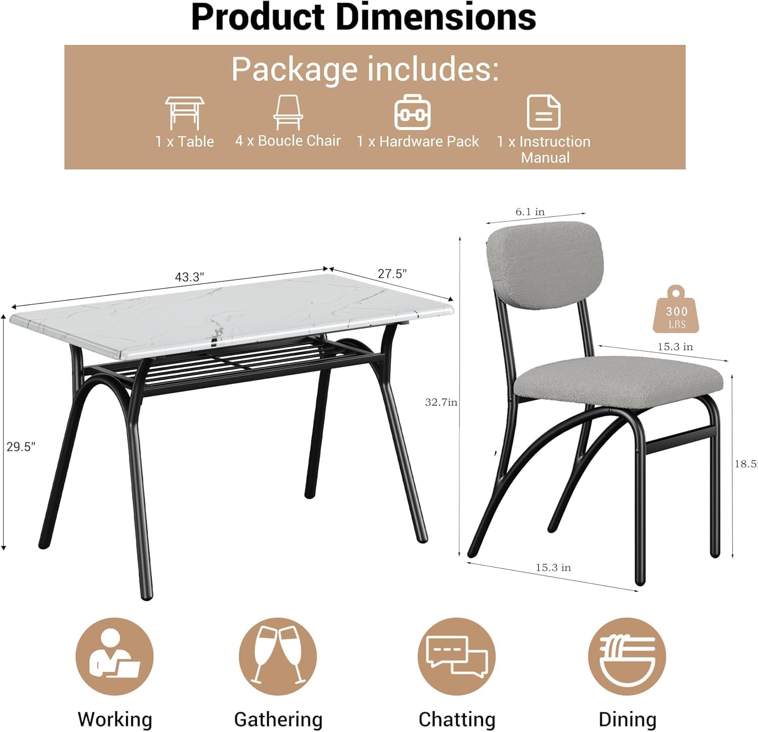 5-Piece Dining Table Set for 4, Modern Kitchen Table with 4 Boucle Chairs, Rectangular Dining Table with Storage Shelf & Marble Tabletop, Beige Home Dining Furniture for Small Space, Black+Beige