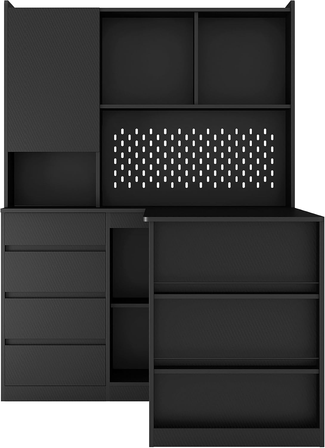 Black L-Shaped Home Office Desk with Hutch & Drawers, Modern Corner Desk with LED Light & Bookshelf, Wood Study Writing Table Gaming Computer Desk for Bedroom, Home