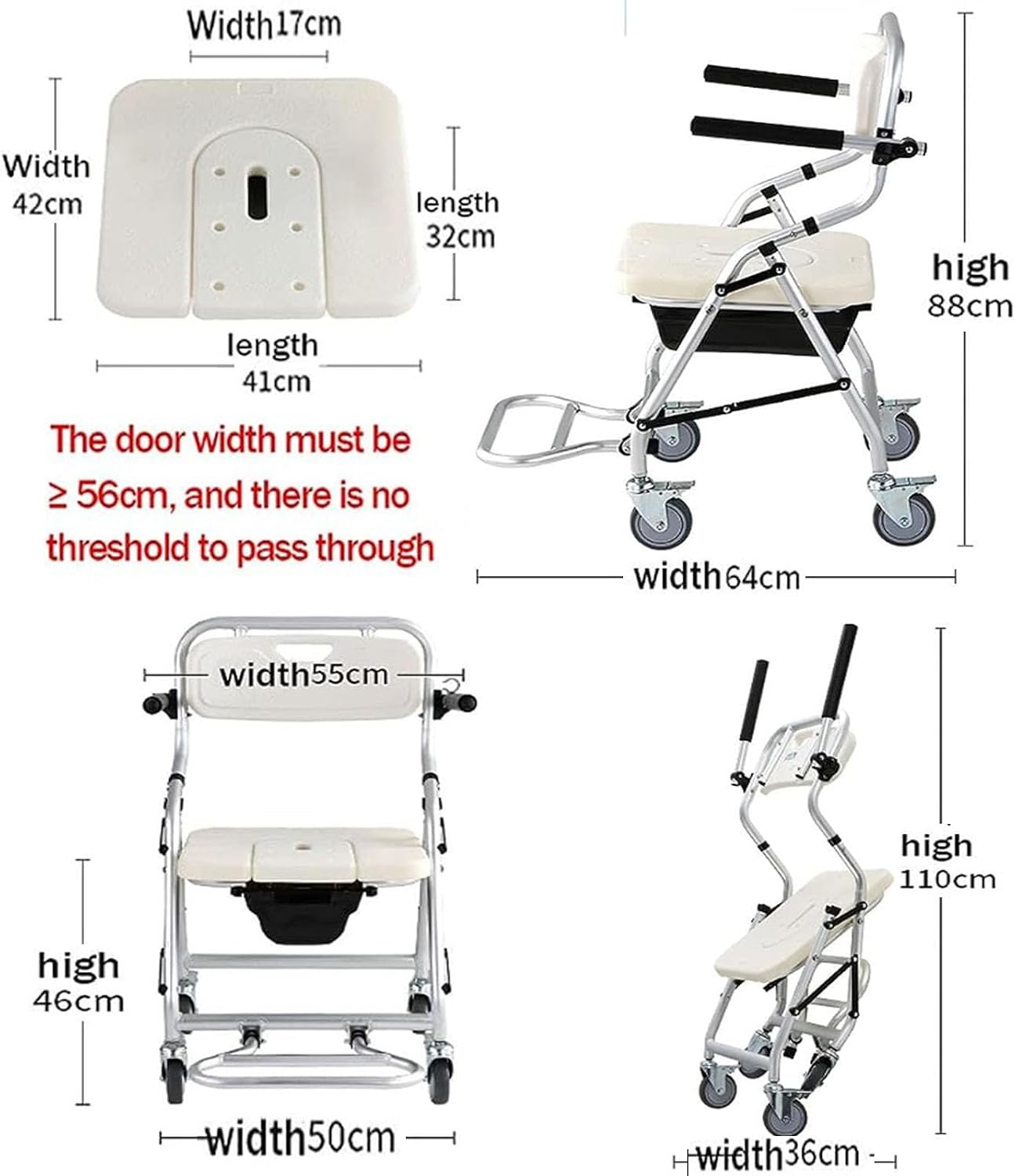 Portable Commode Chair, Commode Toilet Chair with Arms, Shower Seats for Elderly Foldable with Back, Ergonomic Seat, Mobility & Daily Living Aids, Load Capacity 150kg