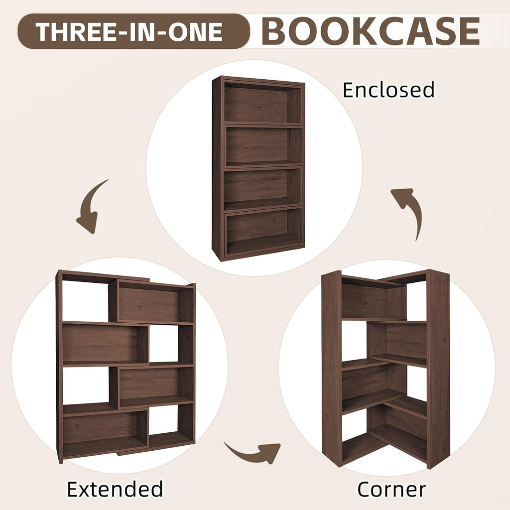 Expandable 3-in-1 Convertible Bookcase with Adjustable Width, Corner & Straight Shelf Design, 4-Tier Modern Storage Organizer, Space-Saving (Grey, 23.6' × 11.8' × 63.0')