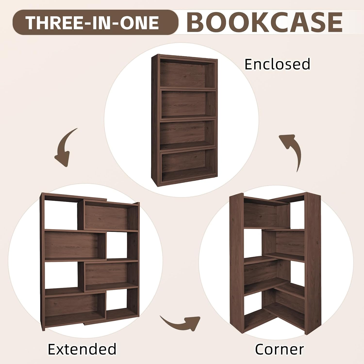 Expandable 3-in-1 Convertible Bookcase with Adjustable Width, Corner & Straight Shelf Design, 4-Tier Modern Storage Organizer, Space-Saving (Grey, 23.6' × 11.8' × 63.0')