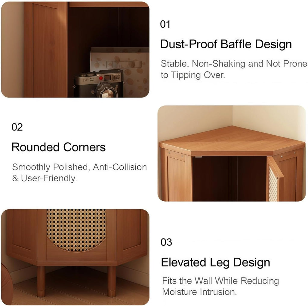 Corner Shelf, Bamboo Storage Cabinet with Woven Doors, Multi-Tier Floor Standing Organizer for Living Room, Bedroom, Study Corner (Black,15.7' L*15.7' W*39.3' H)