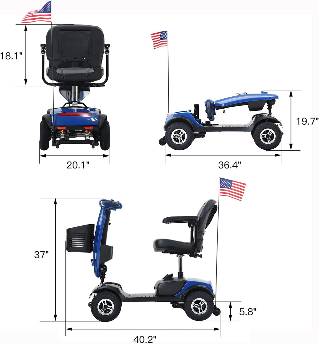 Mobility Scooters for Seniors & Adults 400 Lb Weight All Terrain,Heavy Duty 4-Wheel Powered Scooter,Foldable Mobile Disability Electric Wheelchair,Luxury Seat and Front Rear Led Lights,Blue