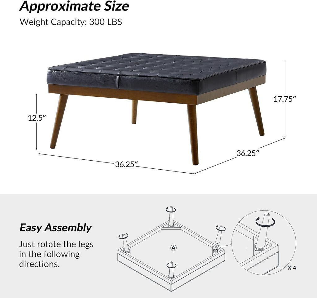 HULALA HOME Genuine Leather Square Coffee Table, Button Tufted Upholstered Ottoman Coffee Table with Solid Wooden Flared Legs, Mid-Century Modern Extra Seating for Living Room, Navy