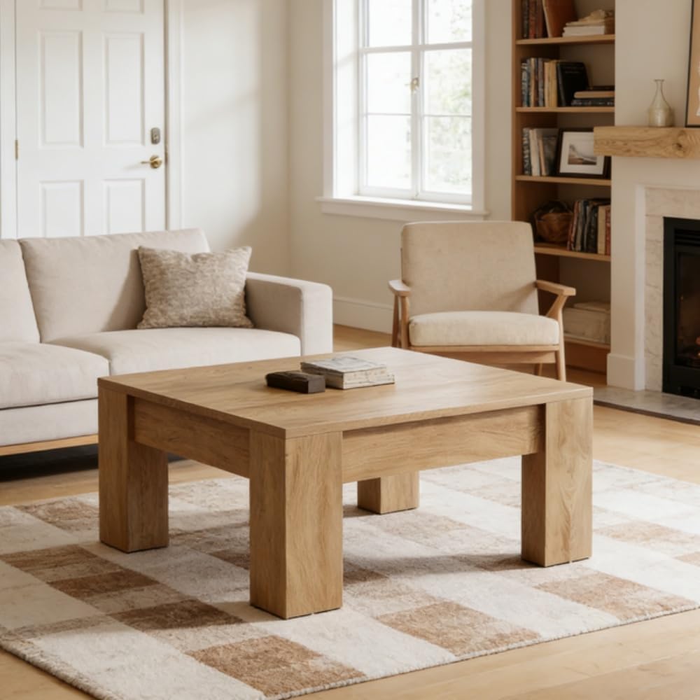 39.4' Square Coffee Table, Farmhouse Coffee Table with Sturdy Base, Mid-Century Modern MDF Accent Center Tea Tables for Living Room Apartment, Easy Assembly