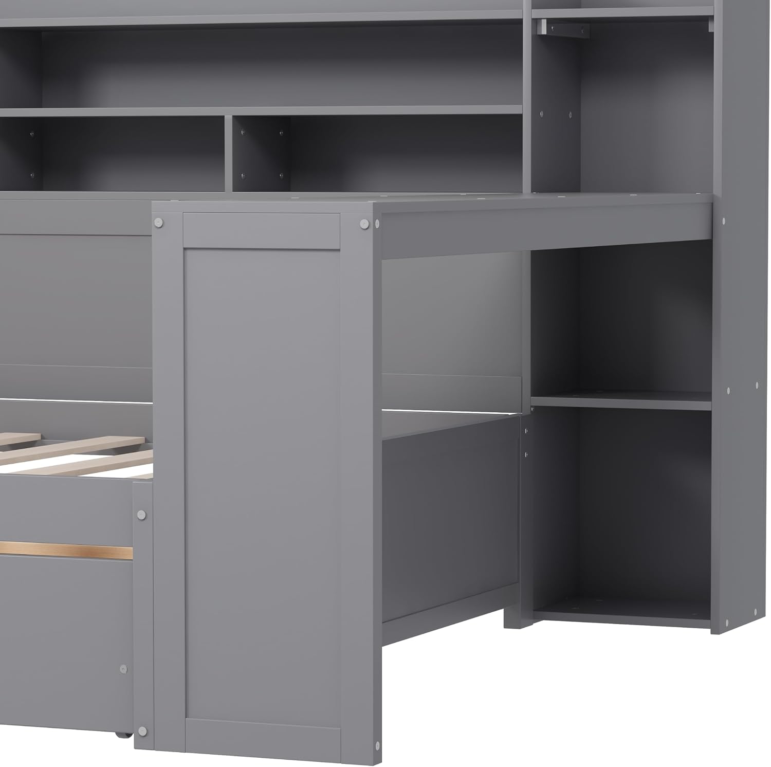 LUMISOL Twin Size Daybed with Storage Drawers, Corner Bed with Bookcase Headboard, Storage Shelves & Study Desk, Solid Wood Bed Frame for Kids, Teens & Adults, Grey