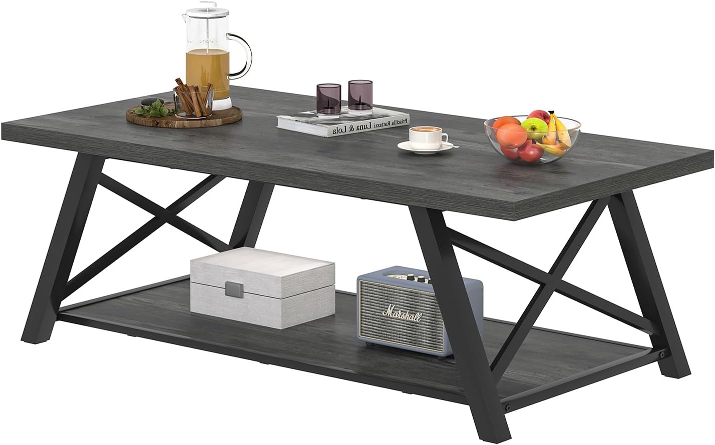 EXCEFUR Coffee Table, Industrial Wood and Metal Center Table for Living Room, Rectangle Cocktail Tea Table with Storage Shelf, Rustic Grey, 47 Inch