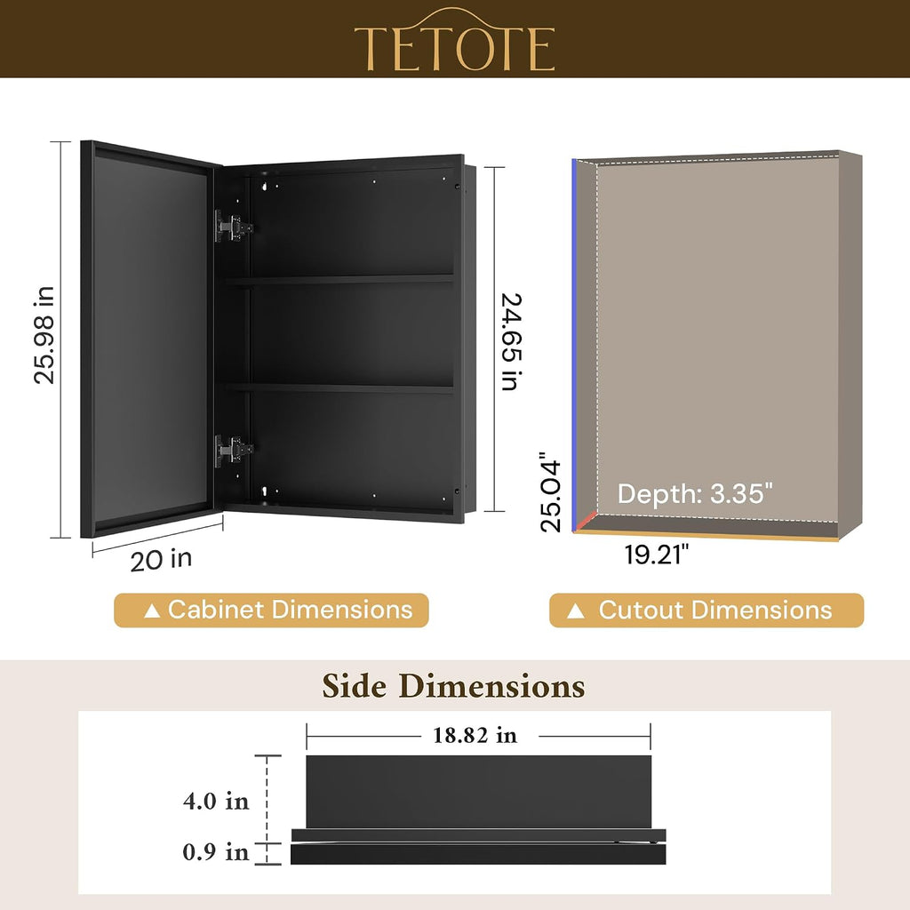 TETOTE 20' x 26' Medicine Cabinet Storage with Mirror Black Bathroom Medicine Cabinet with Beveled Aluminum Frame Surface Wall-Mounted or Recessed, Shelves Adjustable
