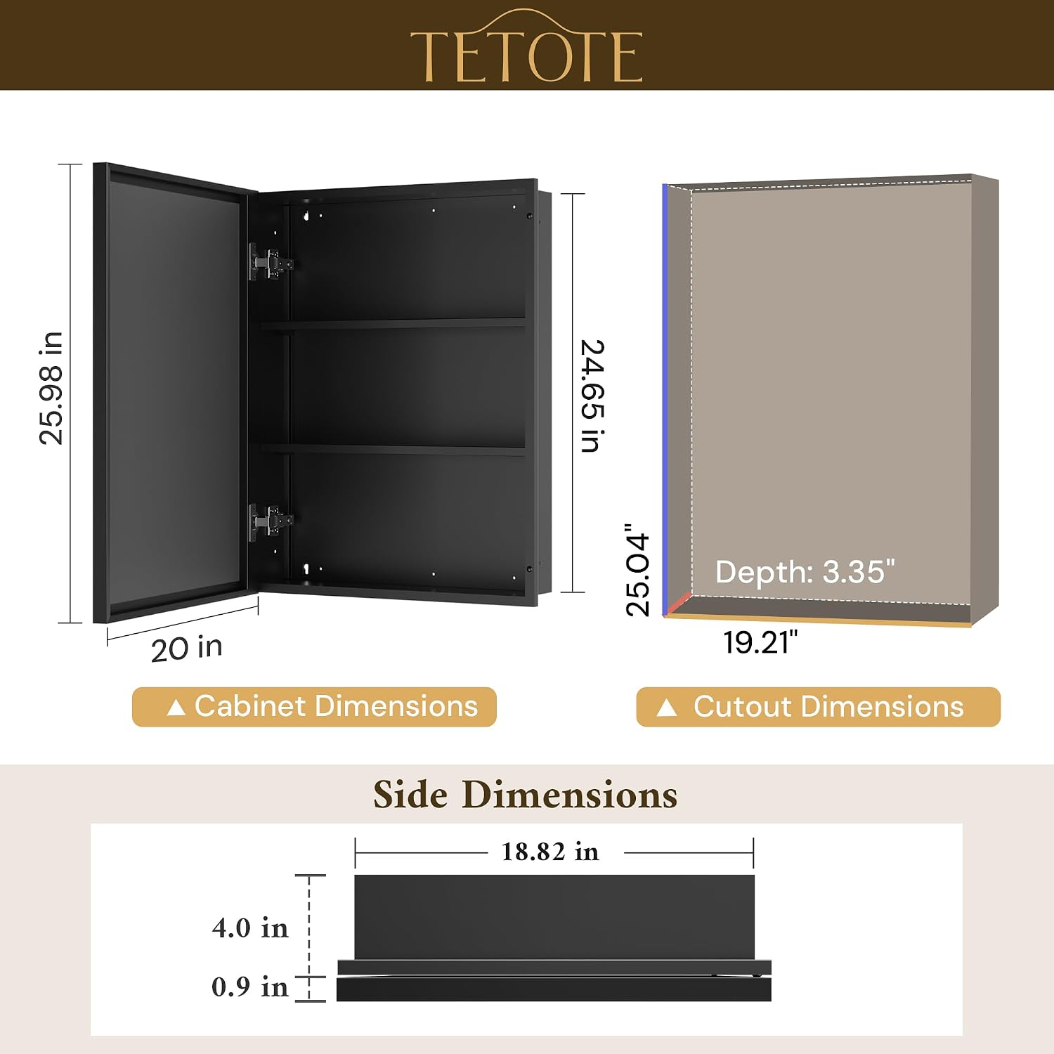 TETOTE 20' x 26' Medicine Cabinet Storage with Mirror Black Bathroom Medicine Cabinet with Beveled Aluminum Frame Surface Wall-Mounted or Recessed, Shelves Adjustable