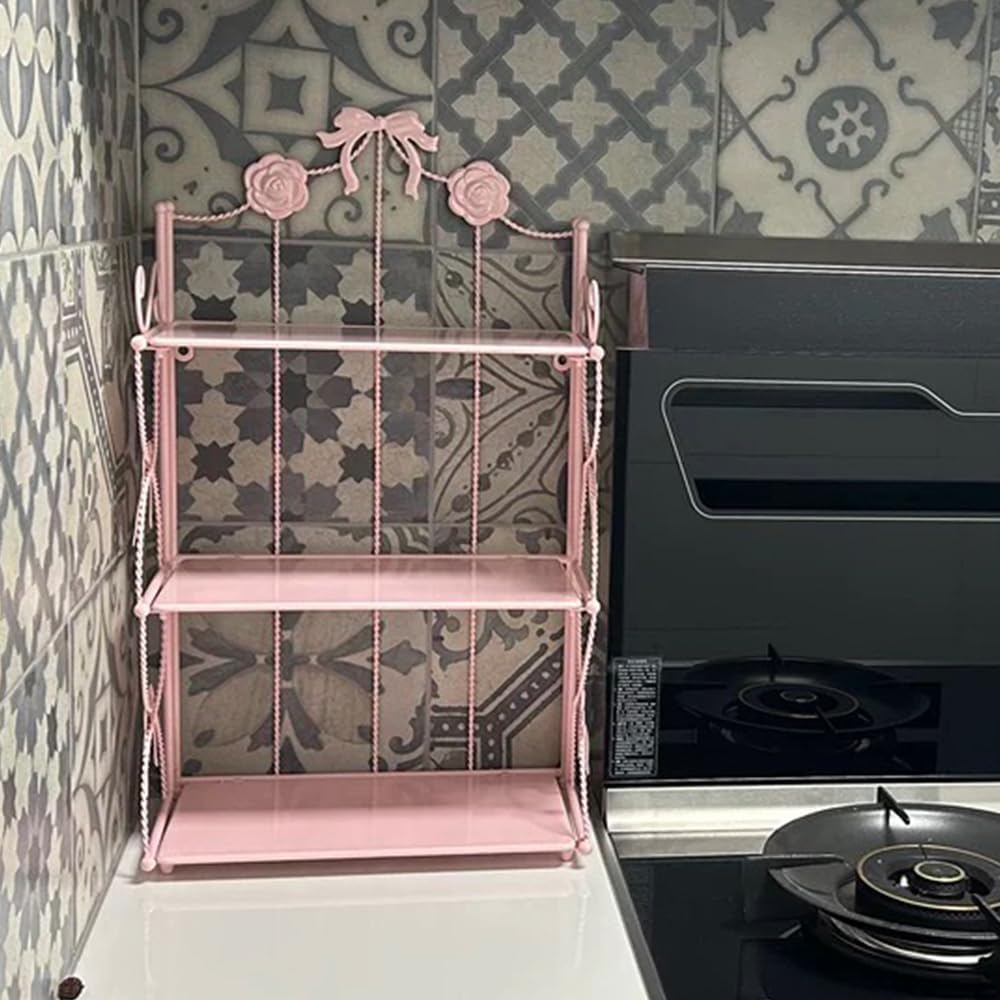 BOOMALTU Cute 3-Tier Folding Metal Shelving Bathroom Shelf,Pink Bookshelf with Bow and Flowers Decor for Storage and Display in Living Room, Bathroom, Office, Kitchen