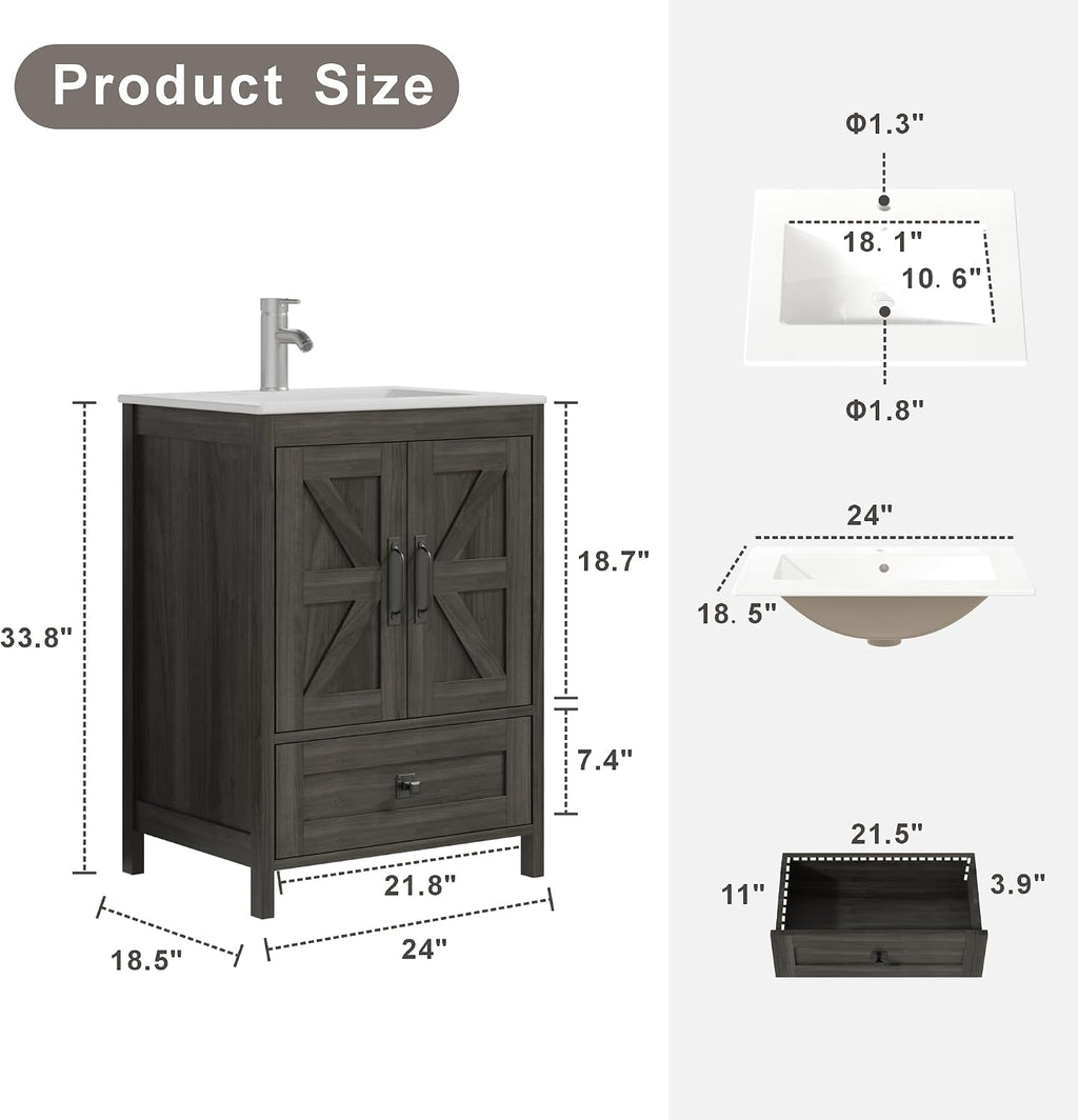 KIGOTY 24 Inch Farmhouse Vanity for Bathroom with Ceramic Sink, Vanity Sink Cabinet with Faucet, Wooden Sink Vanity, Freestanding Bathroom Sink and Cabinet, Bathroom Furniture Set