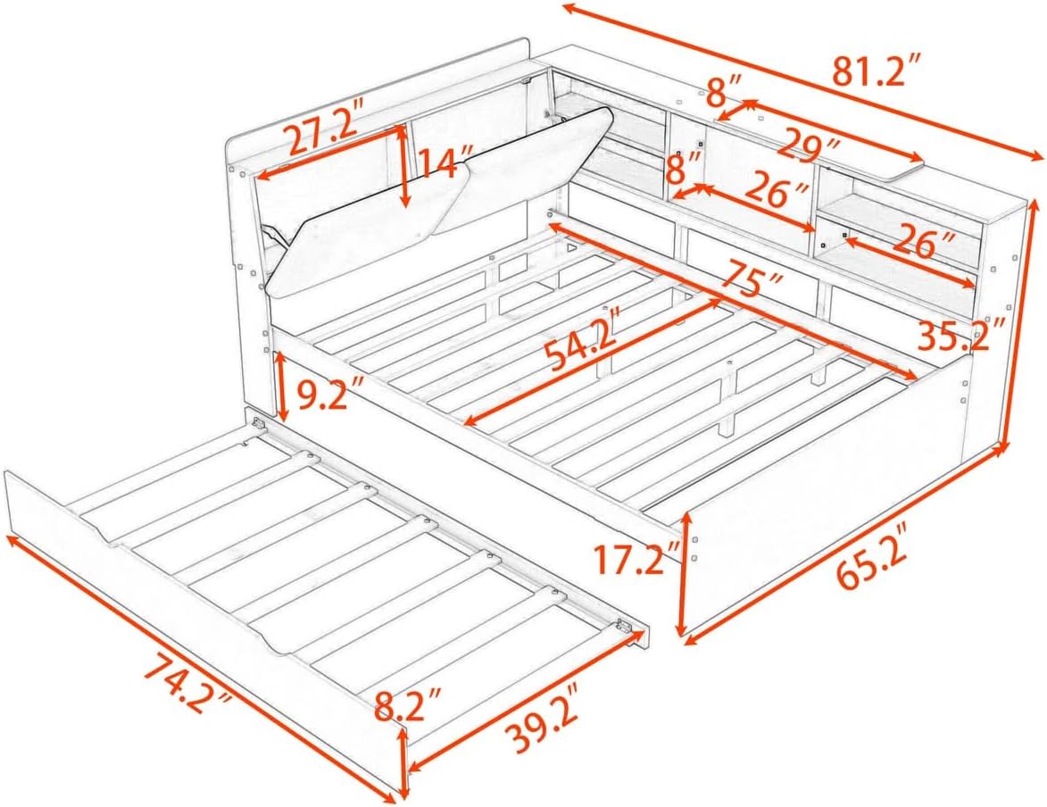 Full Size Bed with Storage Headboard, Full Daybed with Trundle and L-Shaped Shelves, Solid Wood Corner Platform Bed Frame with Storage for Apartment Bedroom, Grey