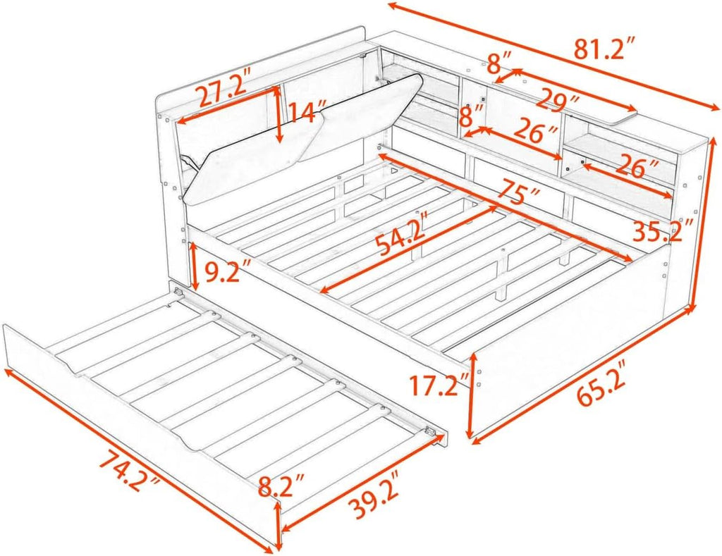 Full Size Bed with Storage Headboard, Full Daybed with Trundle and L-Shaped Shelves, Solid Wood Corner Platform Bed Frame with Storage for Apartment Bedroom, White